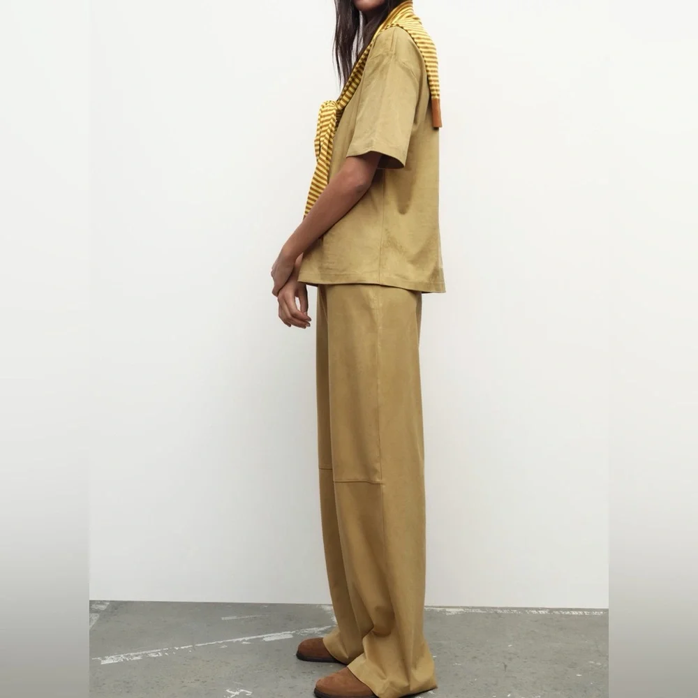 Zara NWT 2 piece matching SET tan faux suede tee shirt & wide leg pants